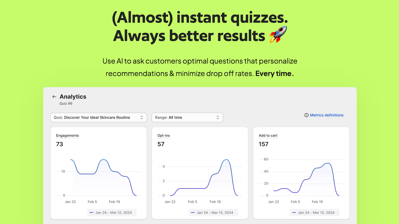 Quiz alimenté par l'IA pour augmenter les conversions et la valeur moyenne de la commande.