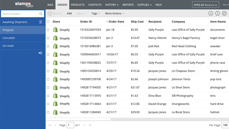 Stamps.com Orders Screenshot