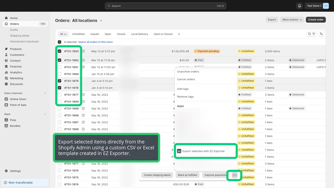 Exporteer geselecteerde bestellingen rechtstreeks vanuit de Shopify Admin.