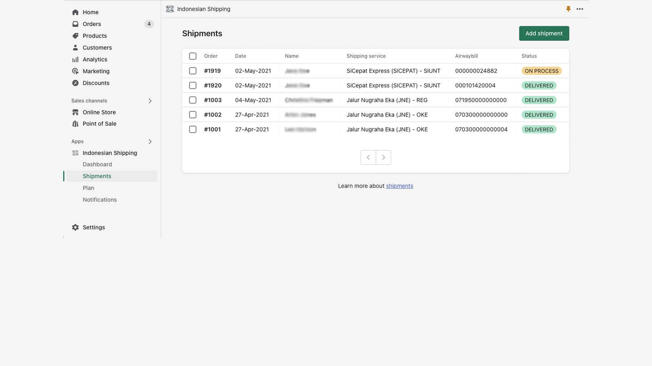 Shipment list