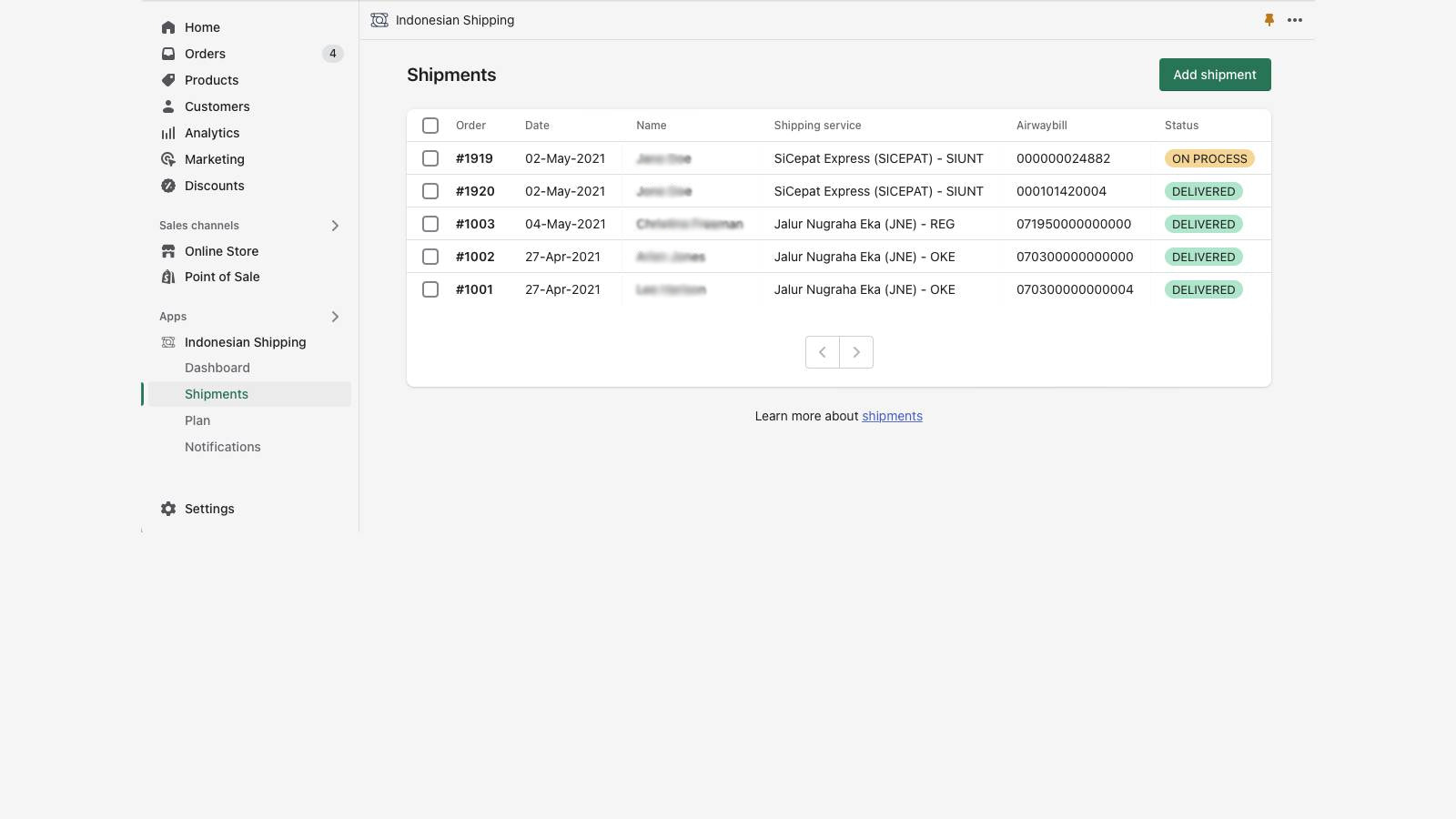 Shipment list