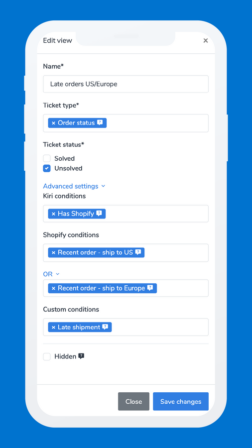 Mobiel menu voor het aanmaken van weergaven