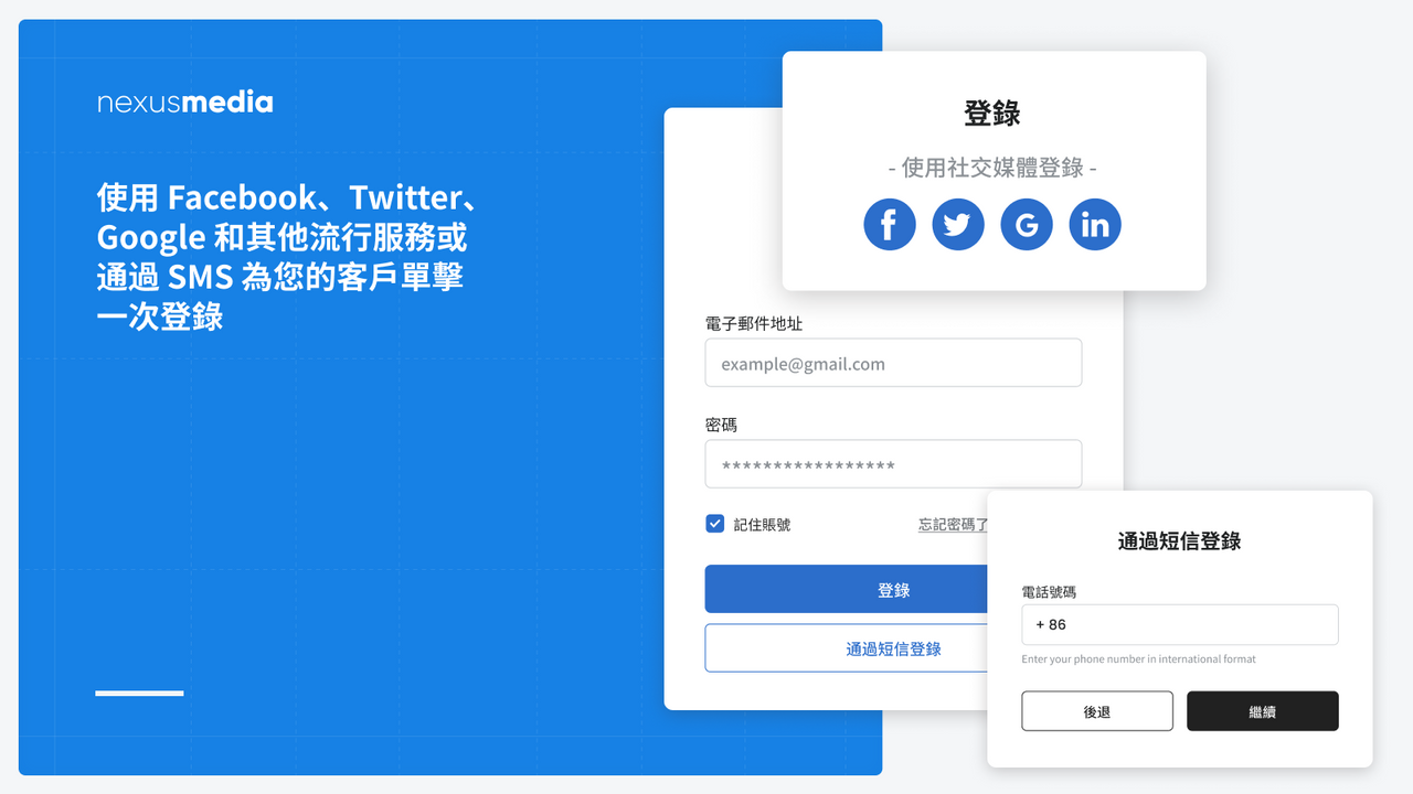 通過Facebook，Twitter，SMS, Google和其他熱門服務為您的客戶單擊登入