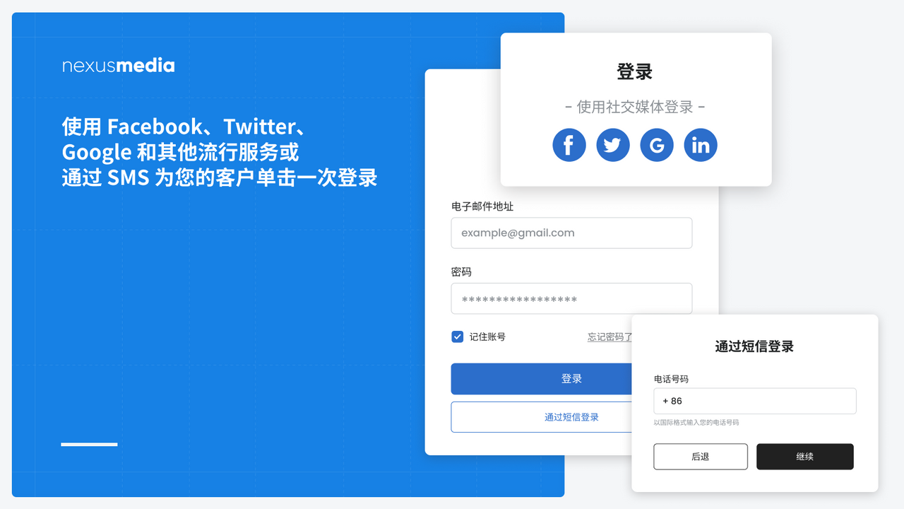 通过Facebook，Twitter，SMS, Google和其他热门服务为您的客户单击登录