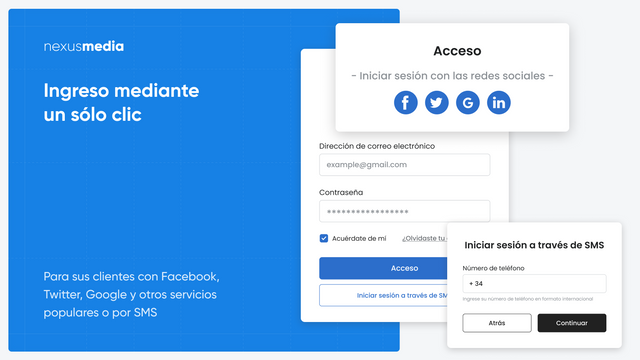 Ingreso mediante un sólo clic para sus Facebook, Twitter, Google