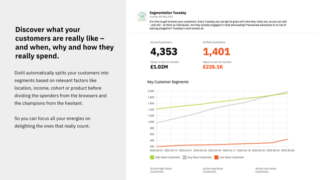 Customer segments, at risk customers, high and low value growth