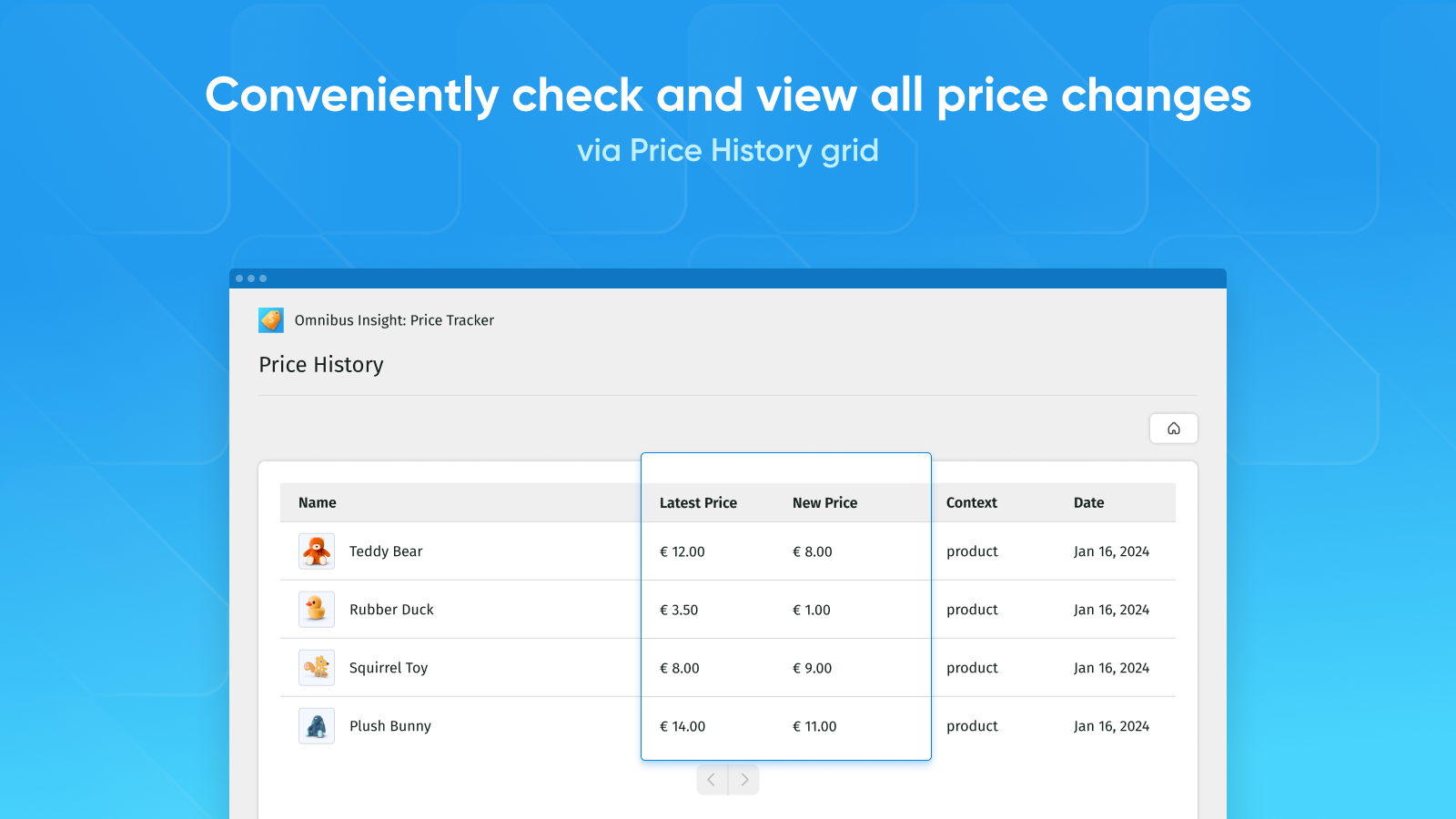 Verifique todas as mudanças de preços convenientemente através da grade de Histórico de Preços