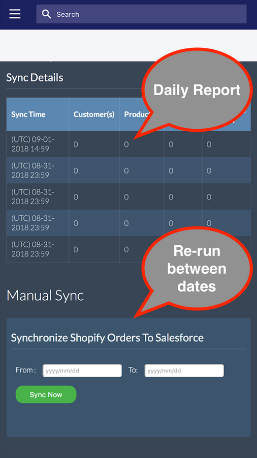 Daily Sync Report. Manual Historical Sync.