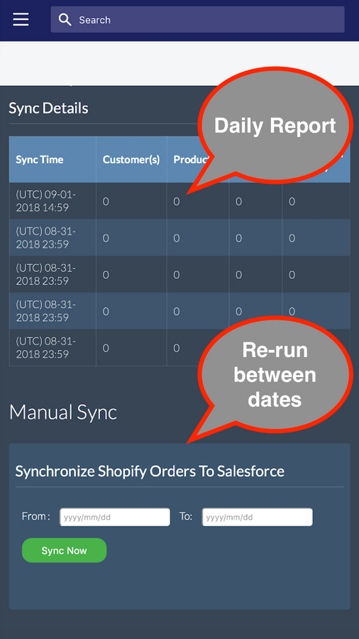 Dagelijks Synchronisatie Rapport. Handmatige Historische Synchronisatie.