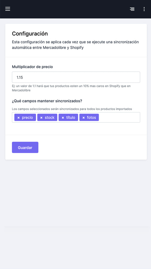 configuração de preço e informação a sincronizar