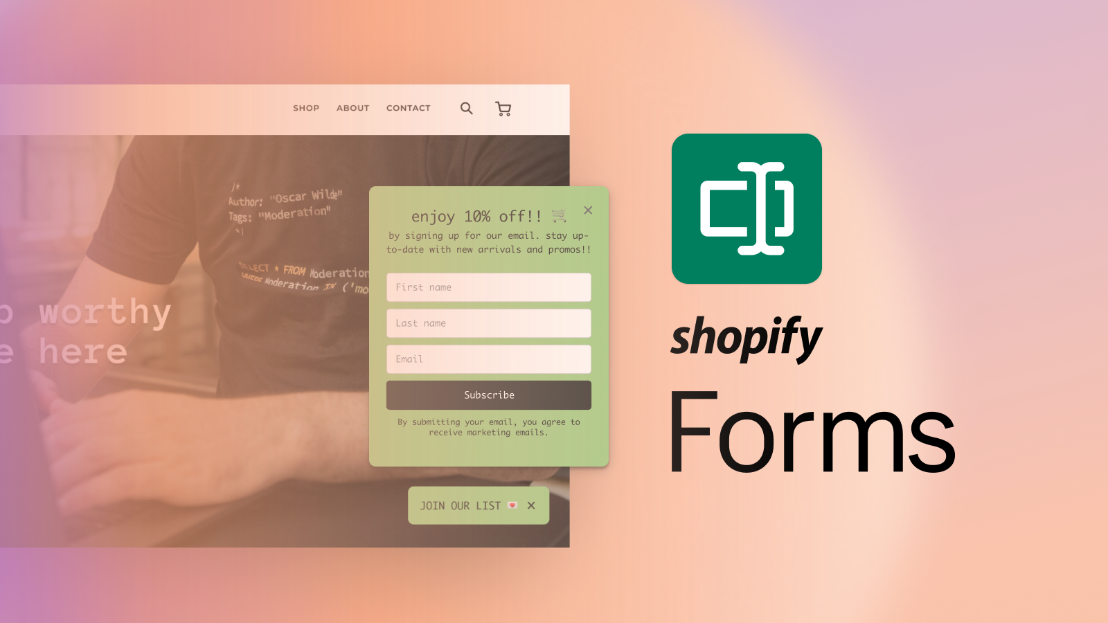 Shopify Forms powers an overlay form on an online store