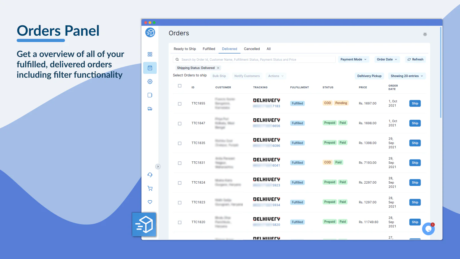 commandes de l'application delhivery shopify