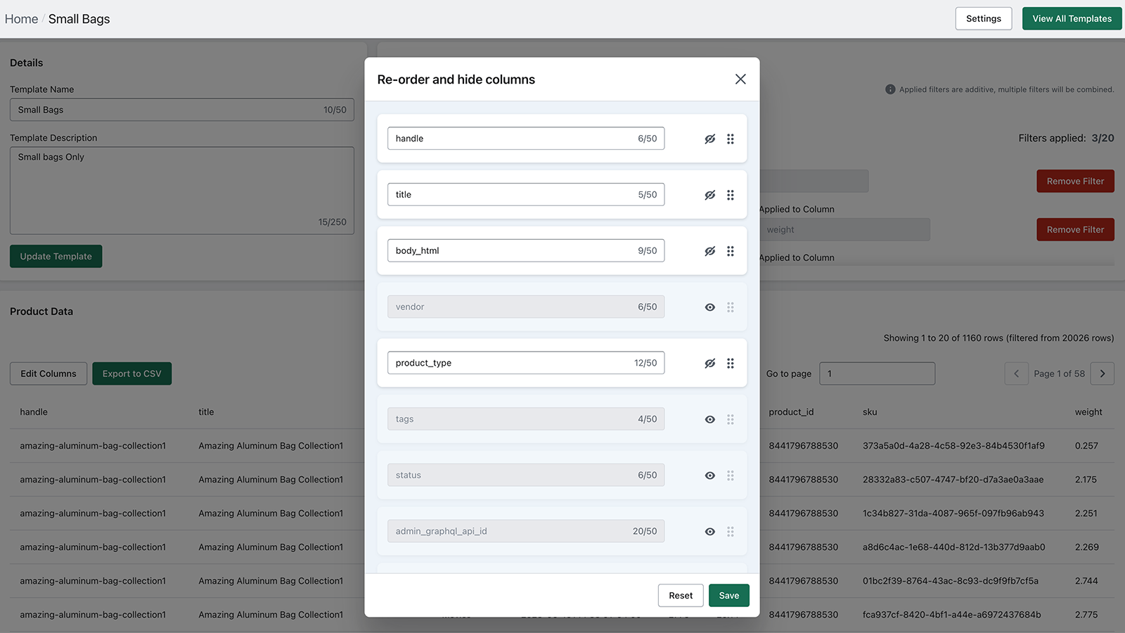 Column order, visibility and renaming