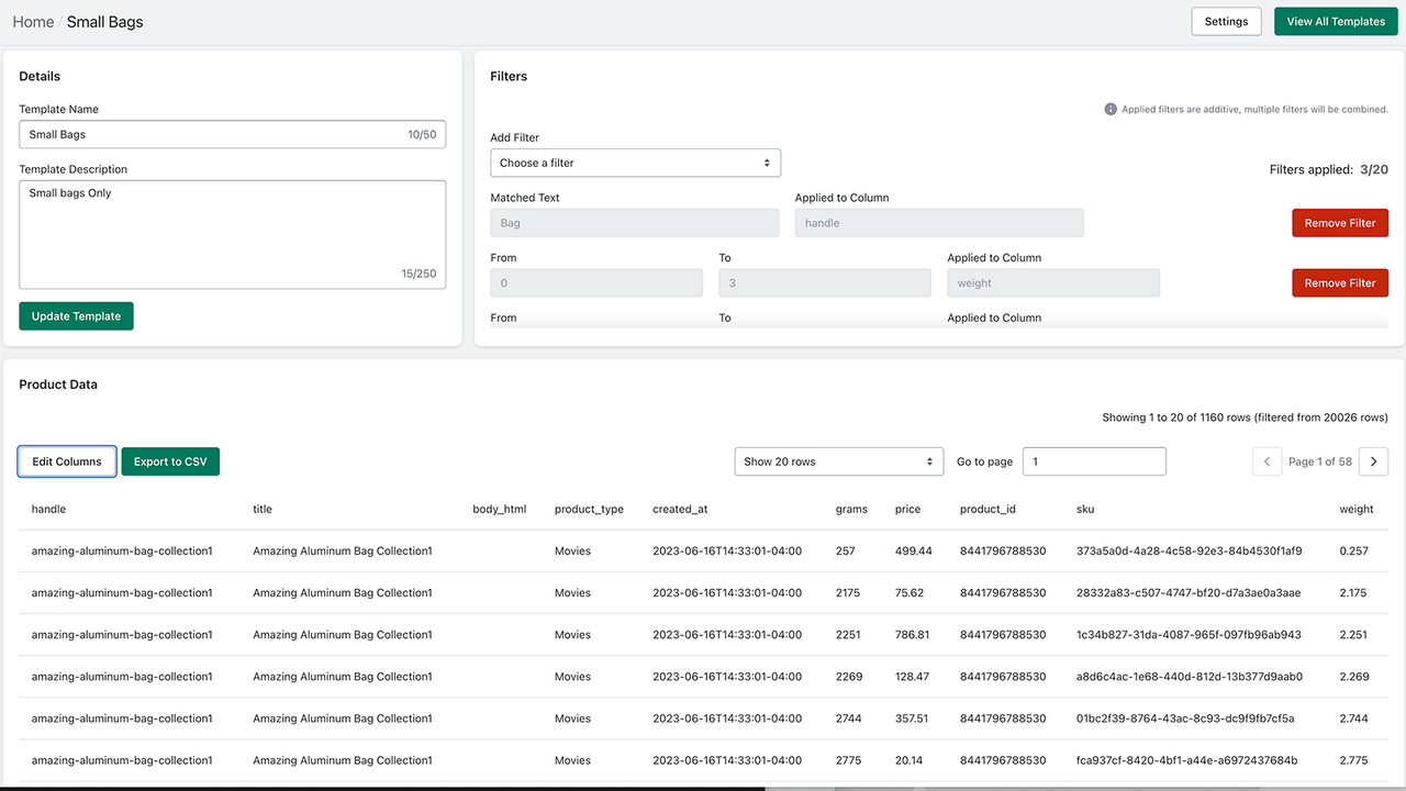 Main Screen with filters and column sorting