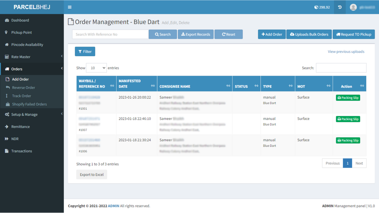 Application ParcelBhej en action - Section des commandes