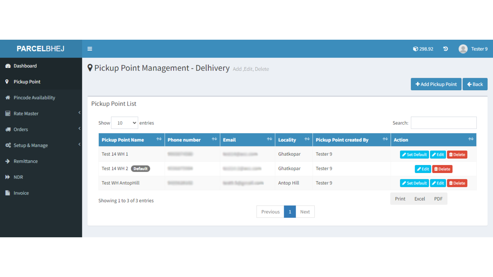 ParcelBhej App in Action - Pickup Points Section