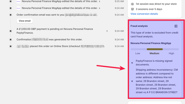 Enhanced Fraud analysis shown on order