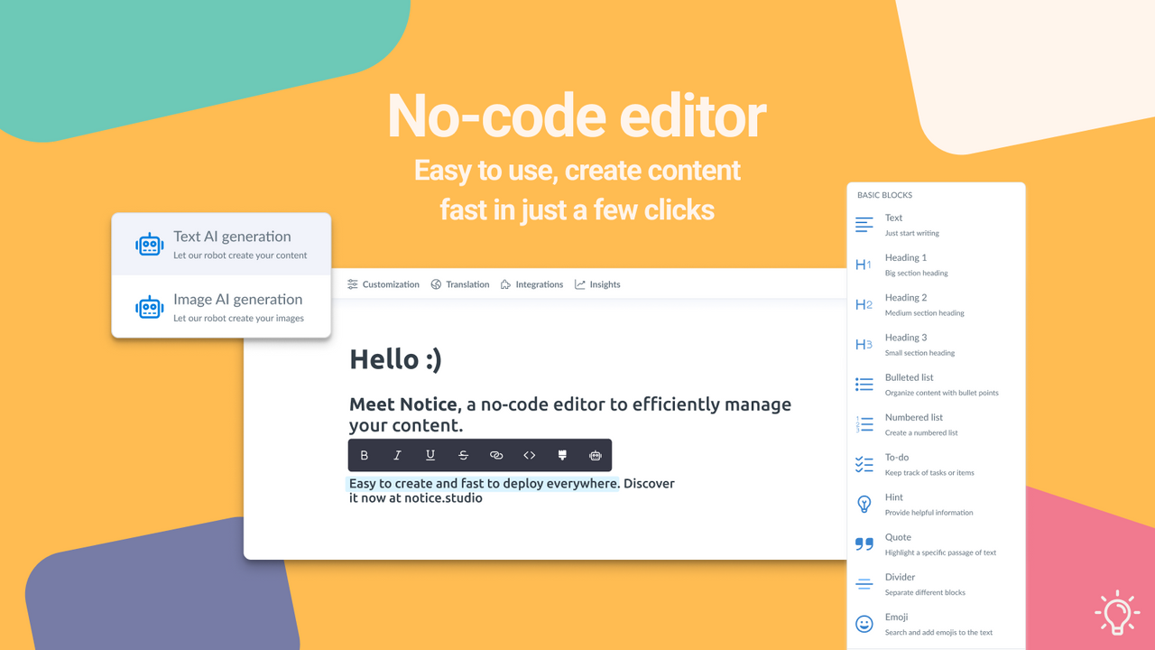 No-Code-Editor zum schnellen Erstellen, Übersetzen und Bereitstellen von Inhalten