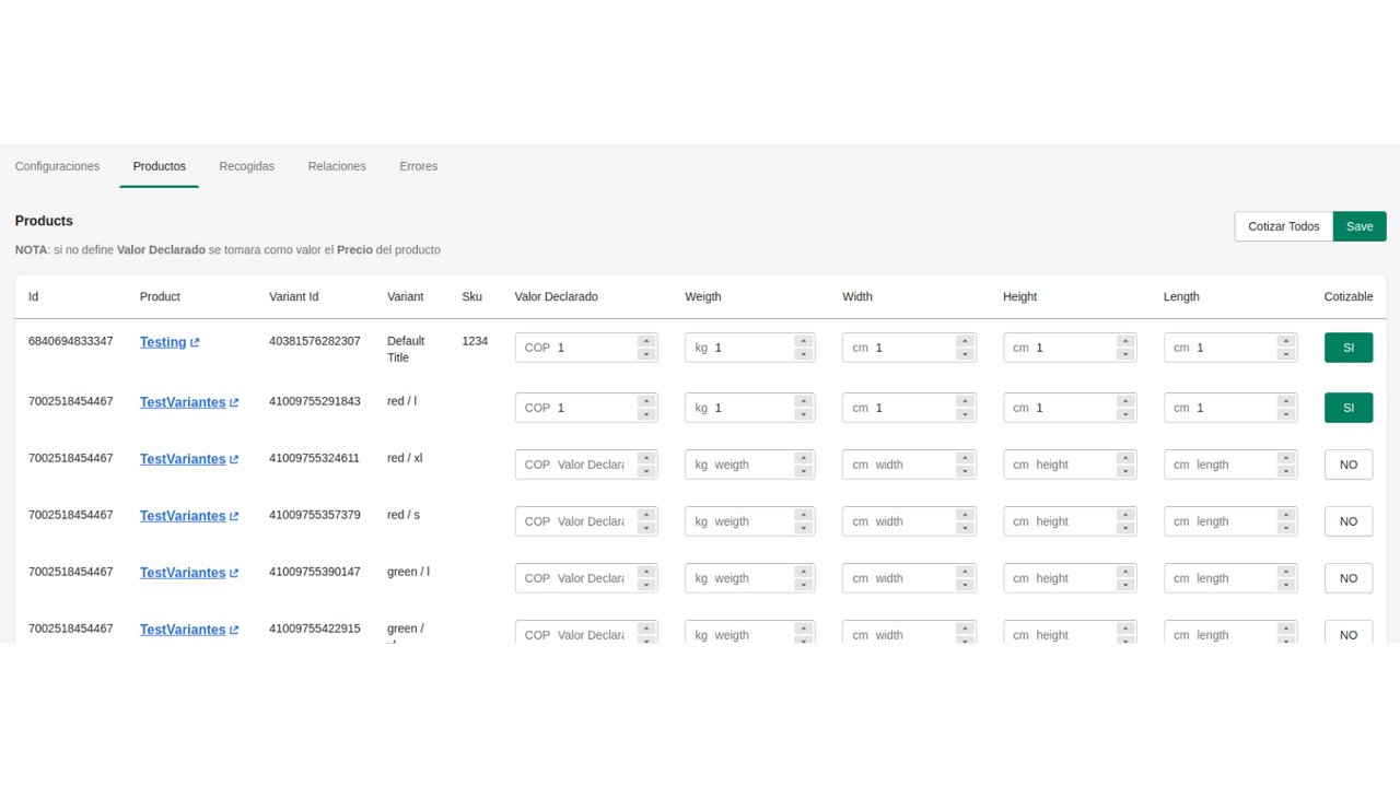 Configuraciones de Productos