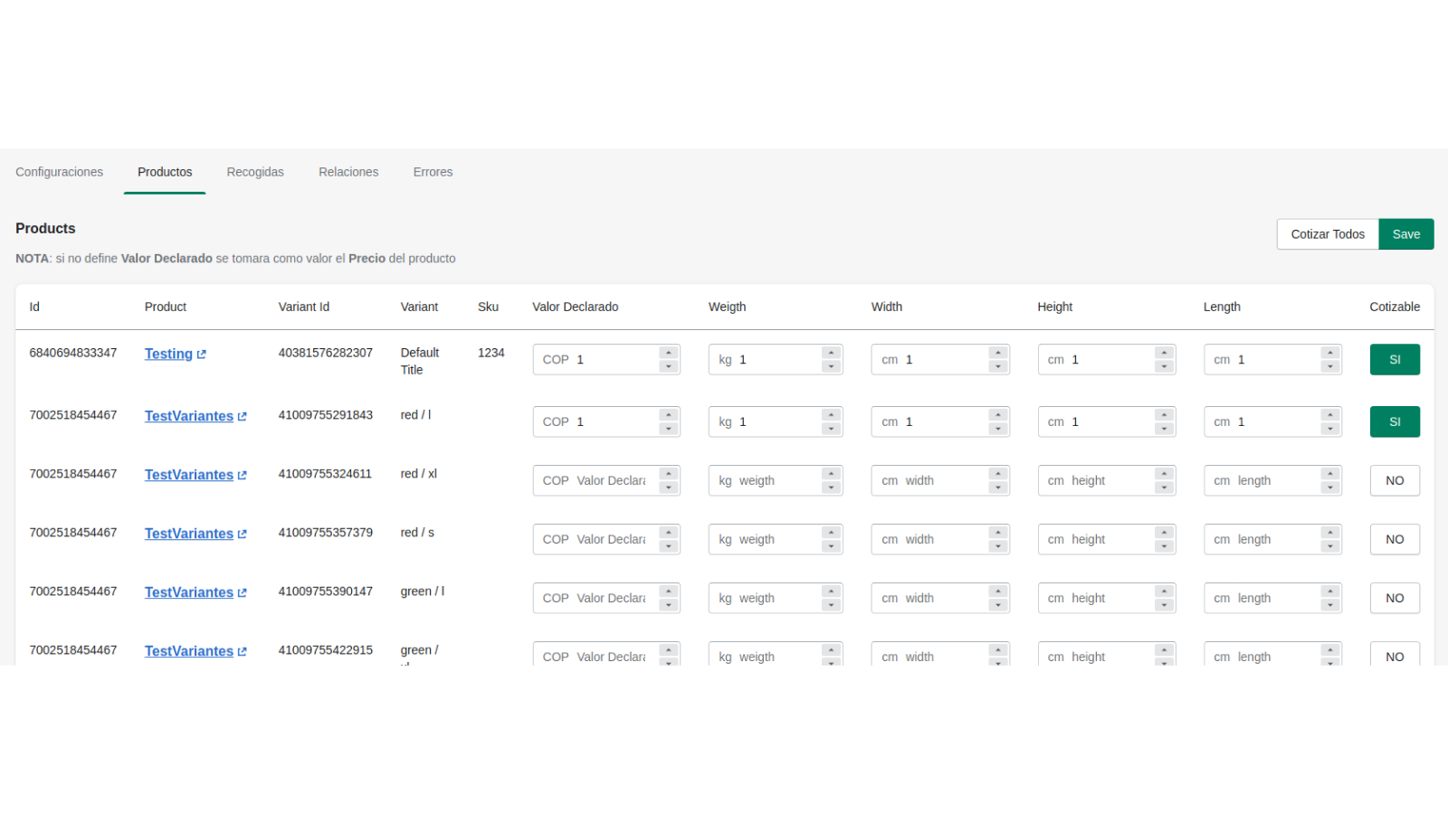 Configuraciones de Productos