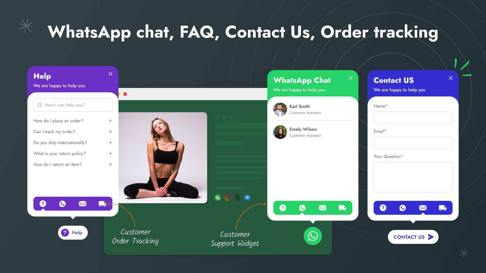 flera val för whatsapp-chattknapp, chatt, vanliga frågor, kontakta oss