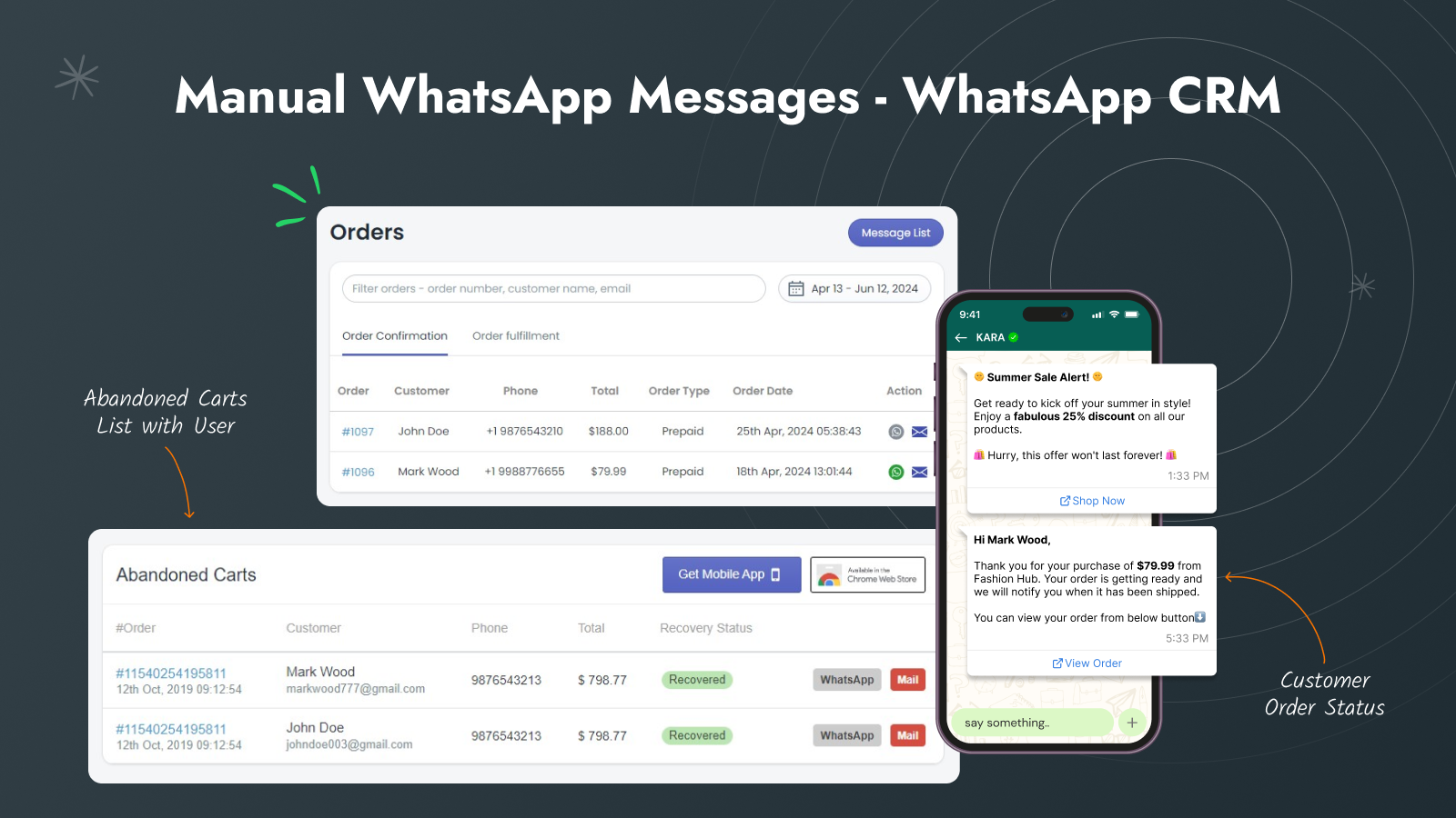 manual whatsapp messages to recovery abandoned checkouts & order