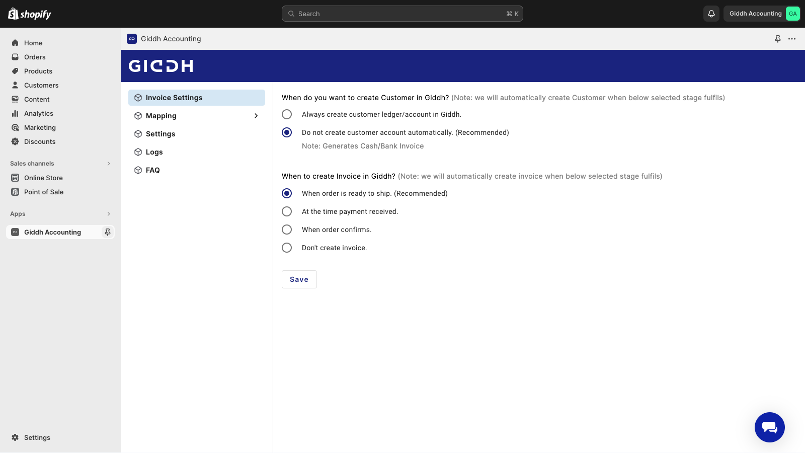 Invoice/Account Settings