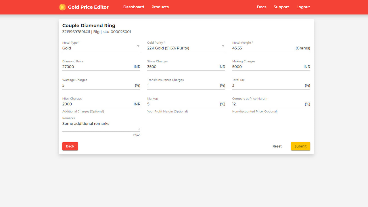 Live Gold Price Editor | Variant Configuration