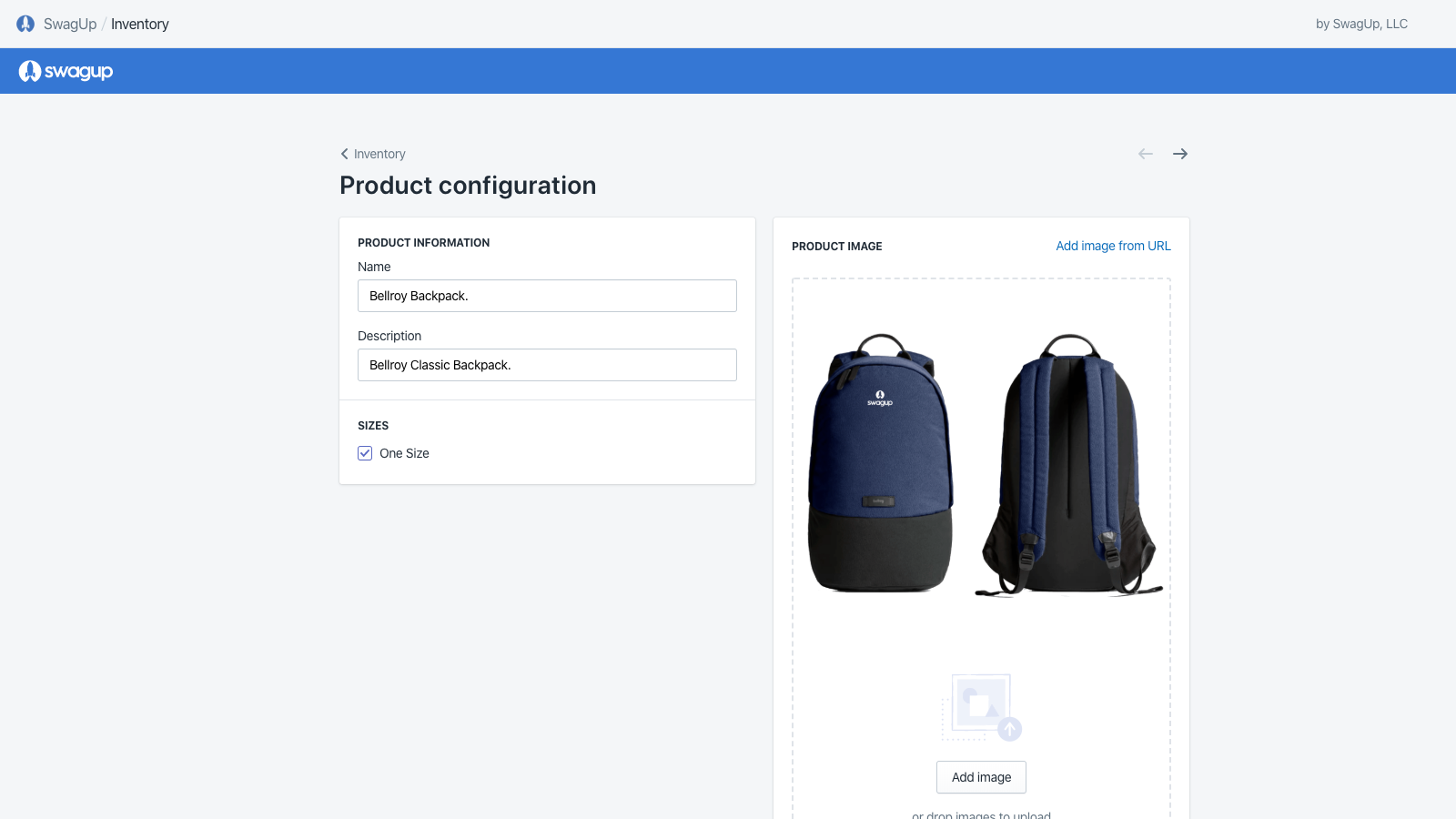 SwagUp - Página de Configuração de Produto do Aplicativo Shopify