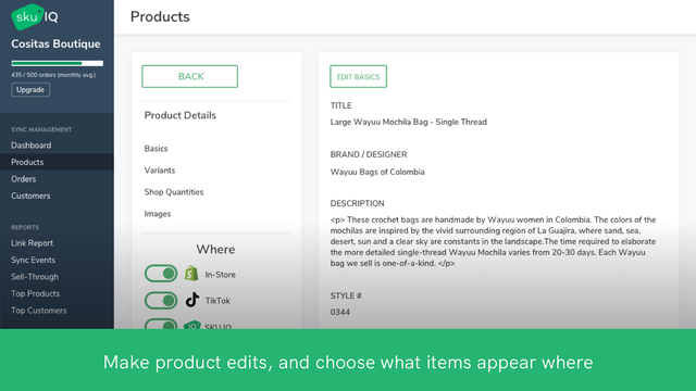 Screen view of SKU IQ Edit Product page