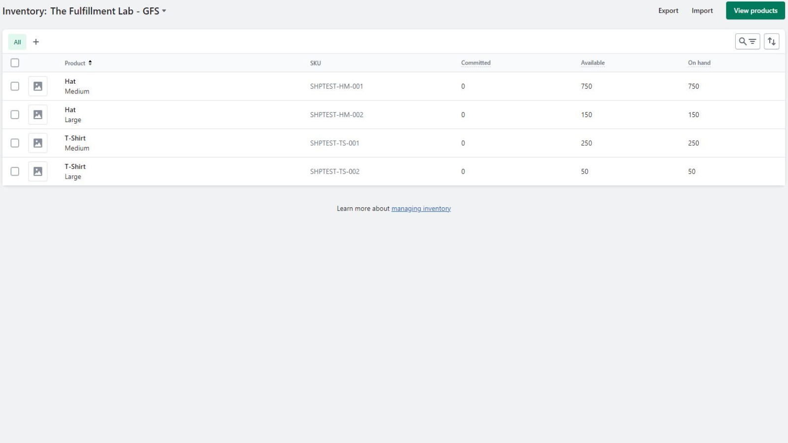 Ejemplo de producto en Shopify mostrando cantidades de inventario establecidas por GFS