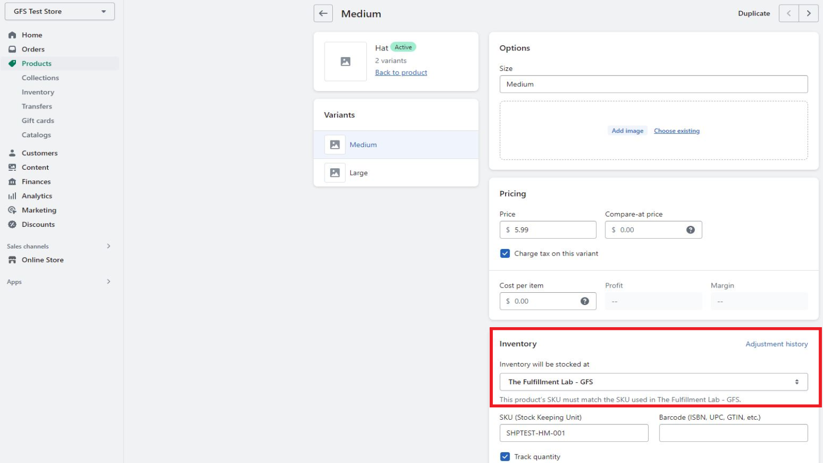 Example product in Shopify showing inventory managed by GFS app