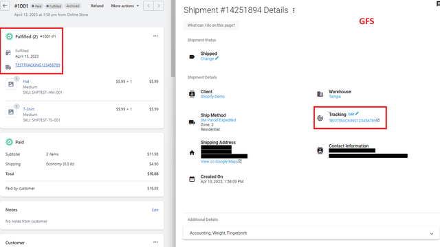 Example order showing shipped in app and fulfilled in Shopify