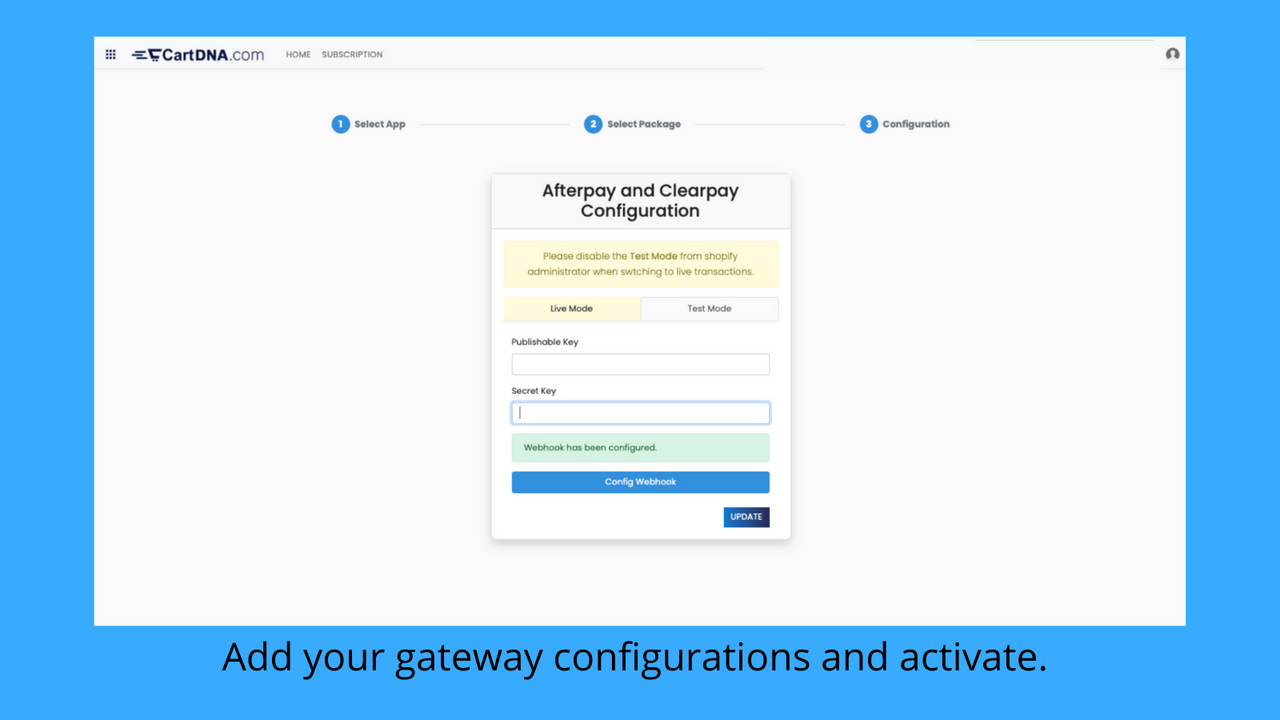 Adicione suas configurações de gateway e ative.