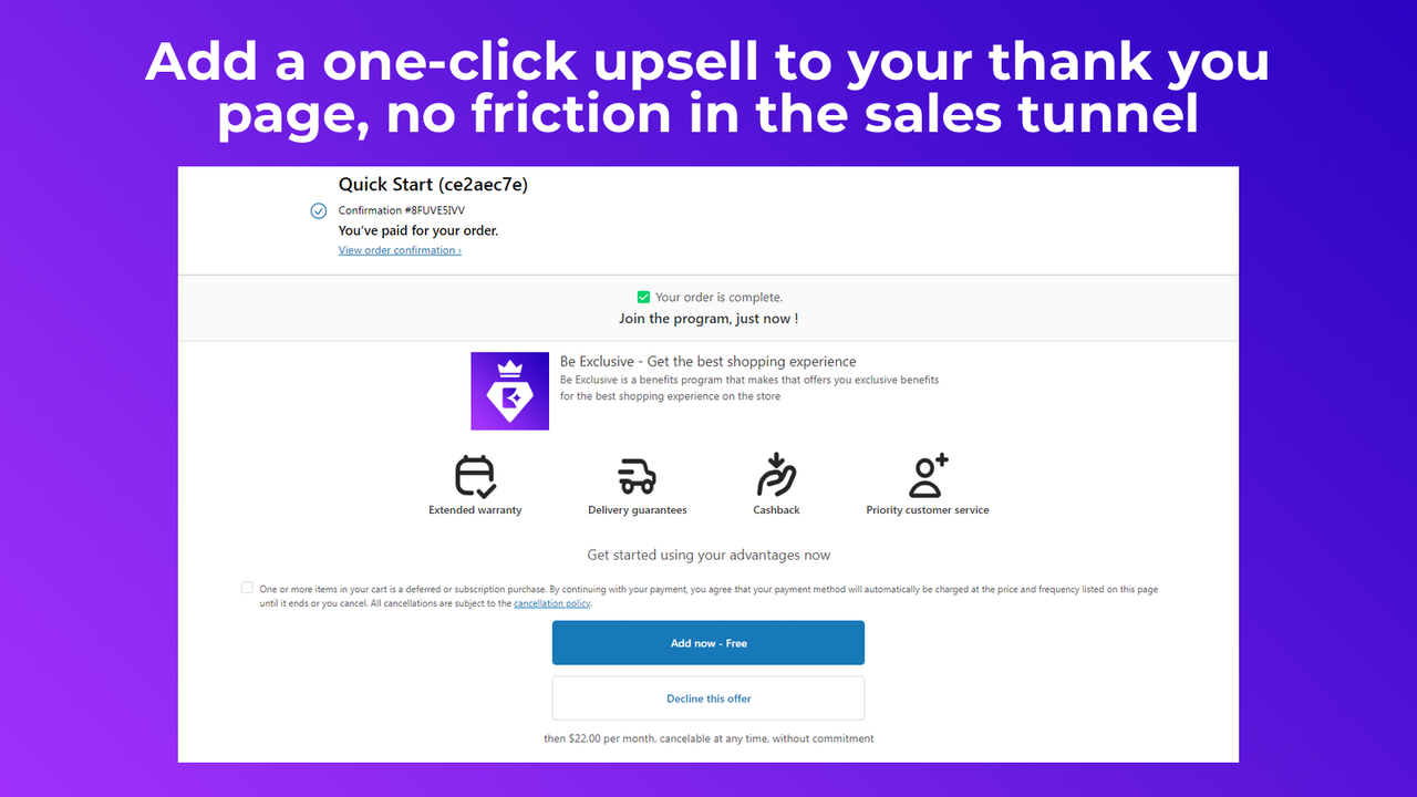 Añade una venta adicional con un solo clic a tu página de agradecimiento, sin fricción en th