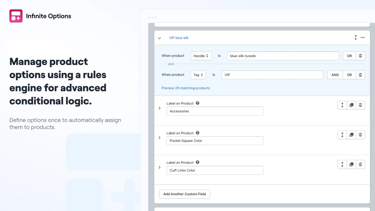 Manage product options using a rules engine for advanced conditi