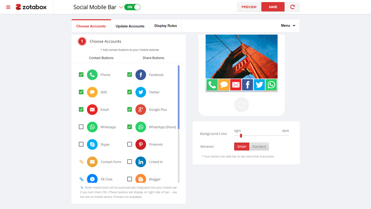 Social Mobile Bar Settings