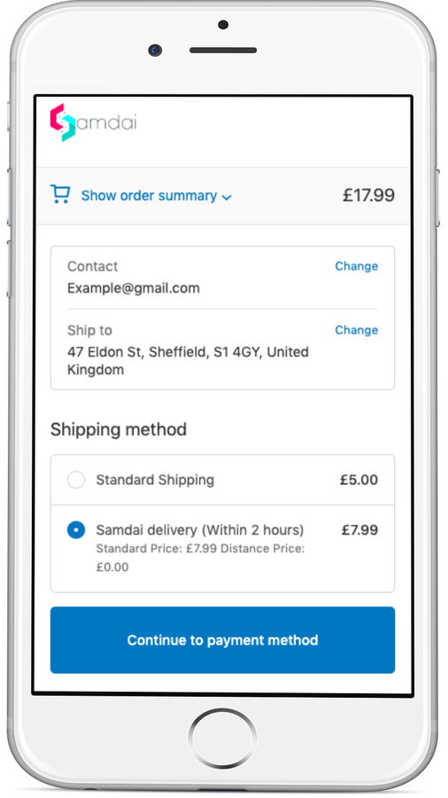 Captura de tela do checkout de entrega no mesmo dia no telefone