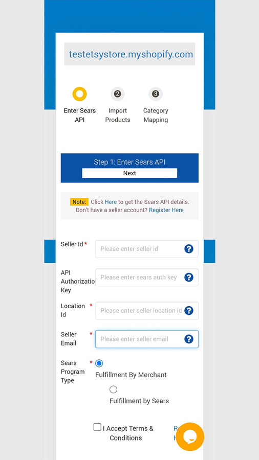 Sears API configuration setup: Enter API keys