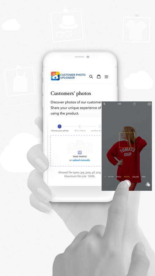 Shopify app Customer Photo Uploader Gebruiker upload dropzone