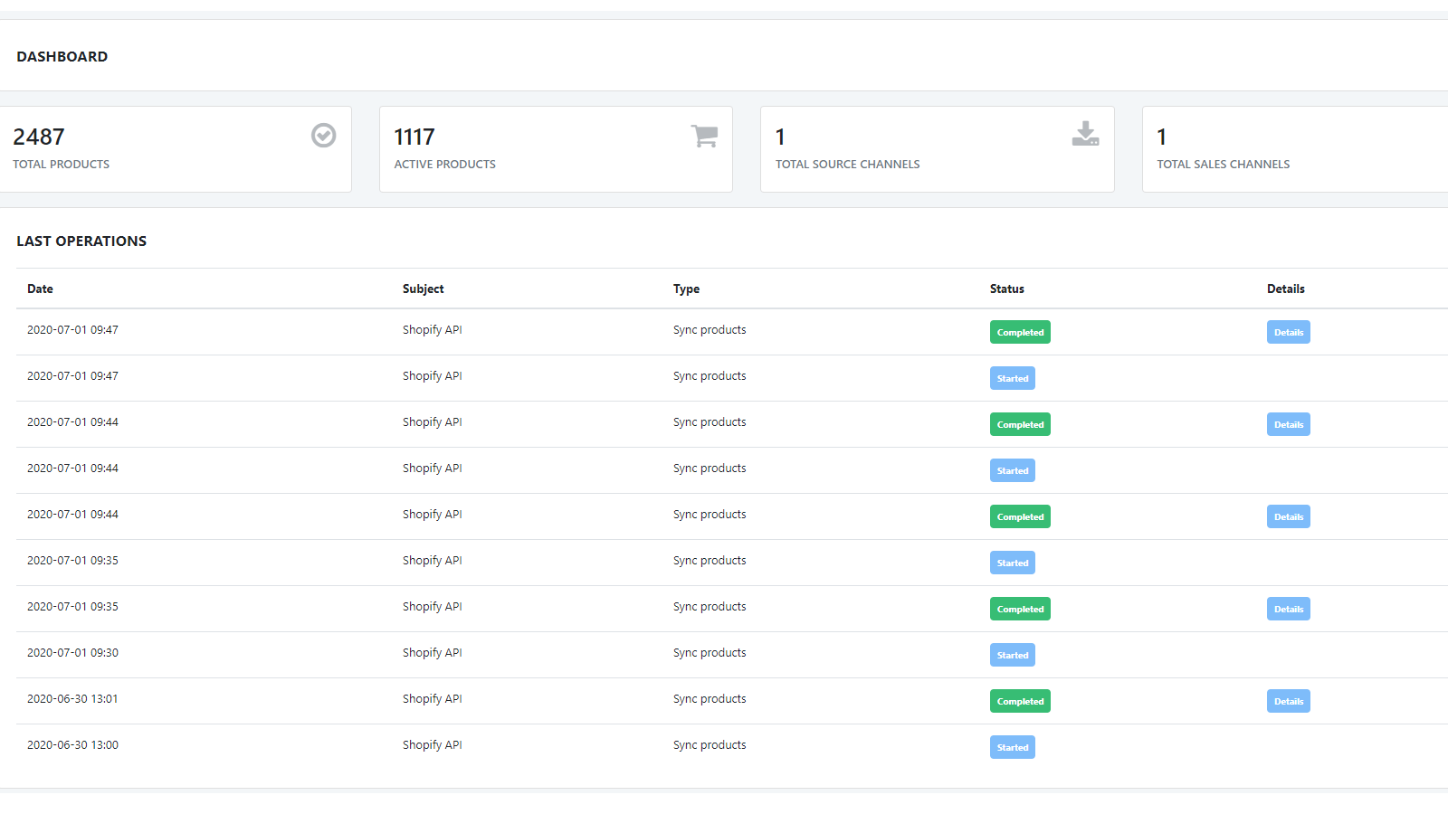 Dashboard Last Operations