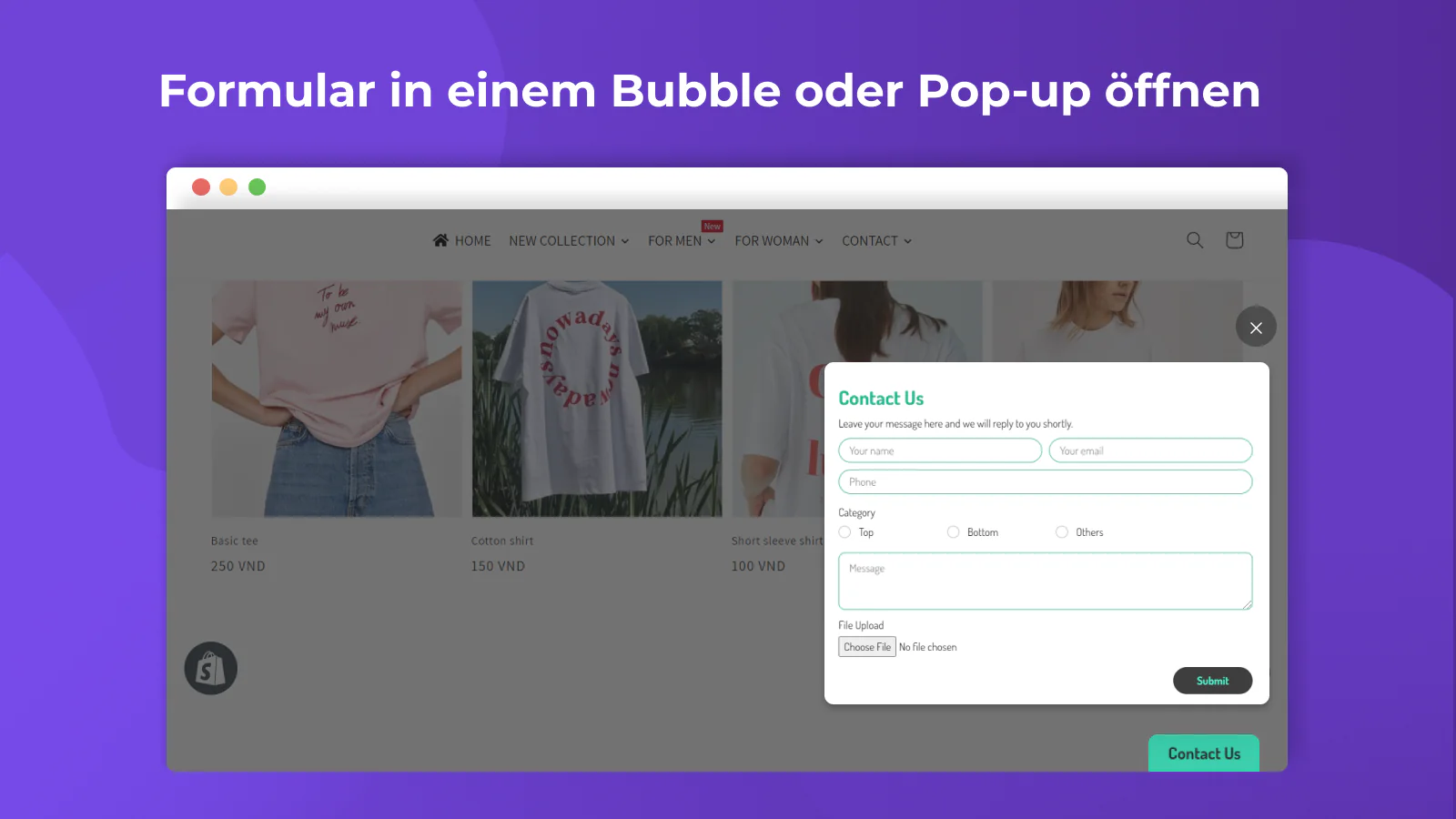 Formular in einem Bubble oder Pop-up öffnen