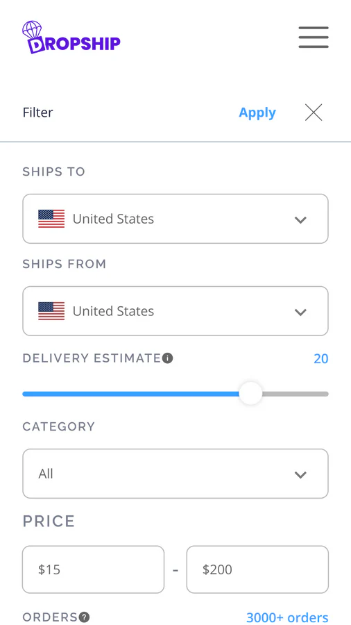 Use SaleHoo Dropship's filters to find fast shipping products