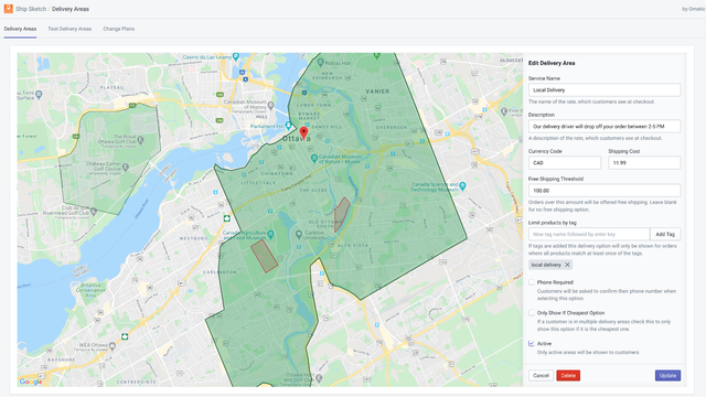 Editing the options for a delivery area