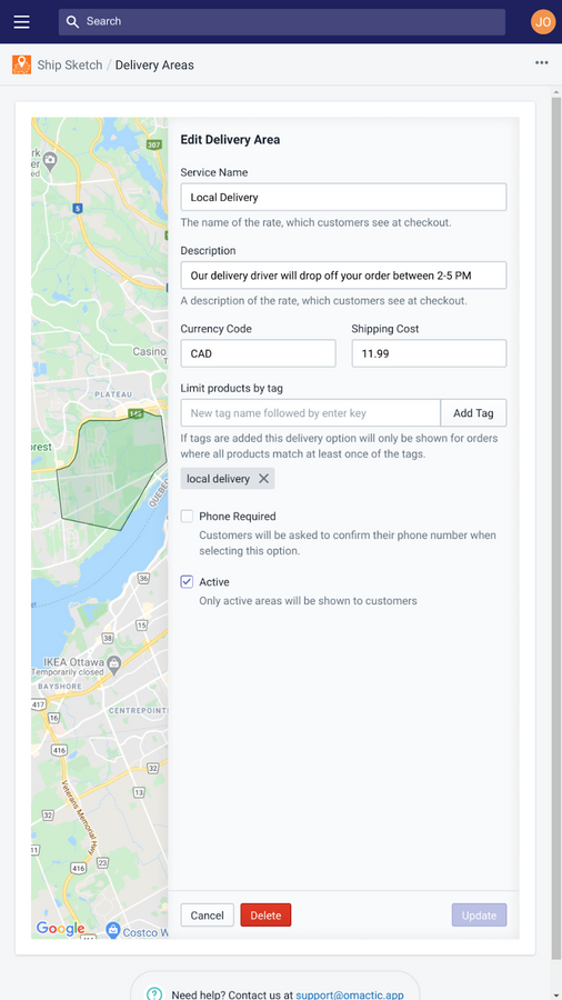 Mobile view of editing a delivery area options