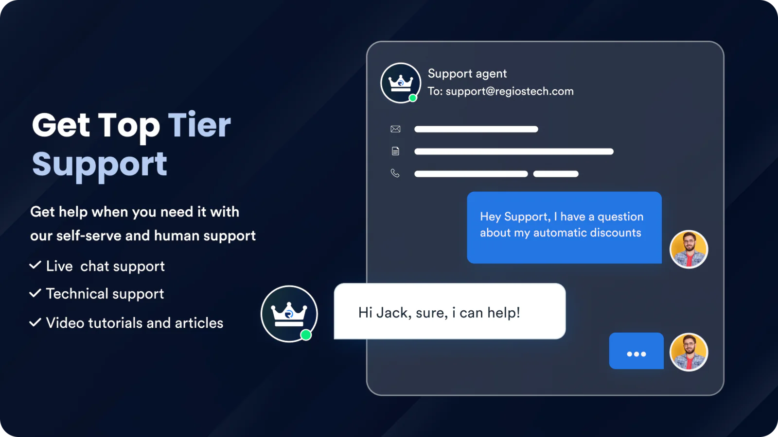 Support par chat en direct, tutoriels vidéo et articles, helpdesk