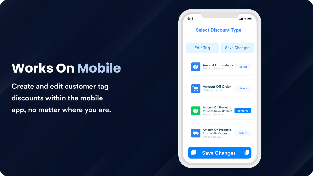 Crie e edite descontos por tag de cliente dentro do app móvel.
