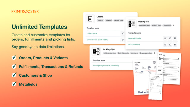 Modèles illimités de commandes, de bordereaux d'emballage et de listes de prélèvement