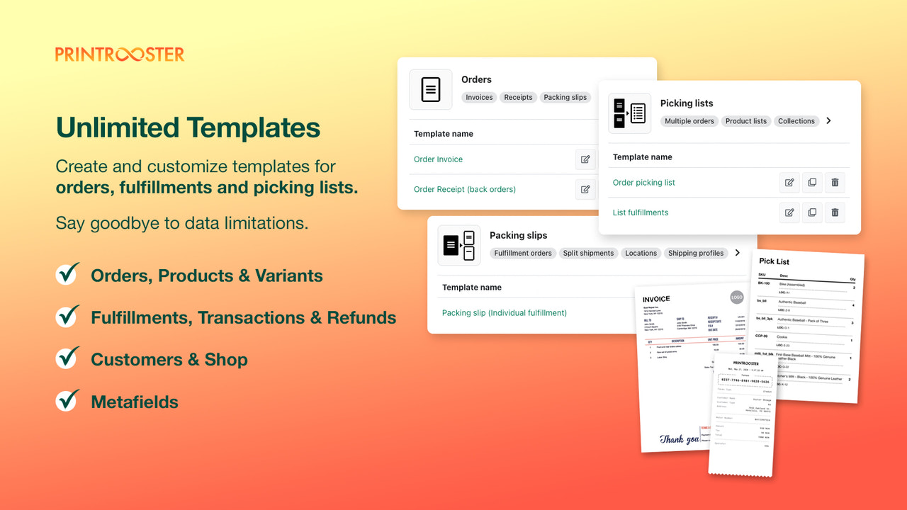 Onbeperkte bestelling, pakbon & picklijst sjablonen