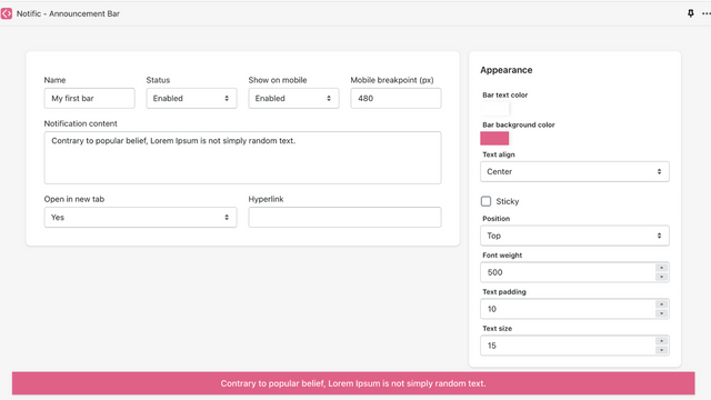 Single announcement bar settings